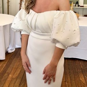 Badgley Mischka Pleated Bust Dress Off The Shoulder Sleeves Pearl Detail SZ 4